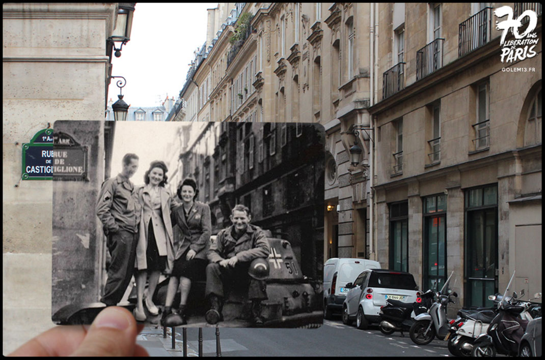 Rue de Castiglione. Deux parisiennes (puis un jeune garçon) prennent la pose aux côtés de deux américains sur un tank allemand.