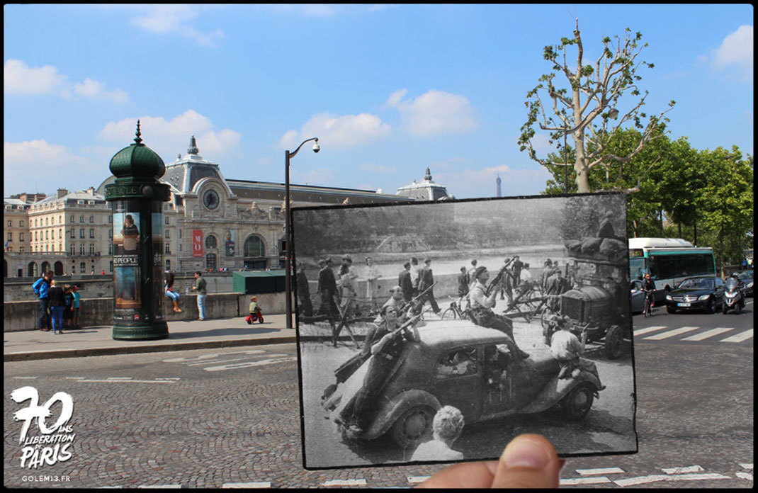 Musée d'Orsay. Une traction des F.F.I sur le quai des Tuileries surveille les toits de Paris où des tireurs isolés (allemands et collabos) sèment la panique.
