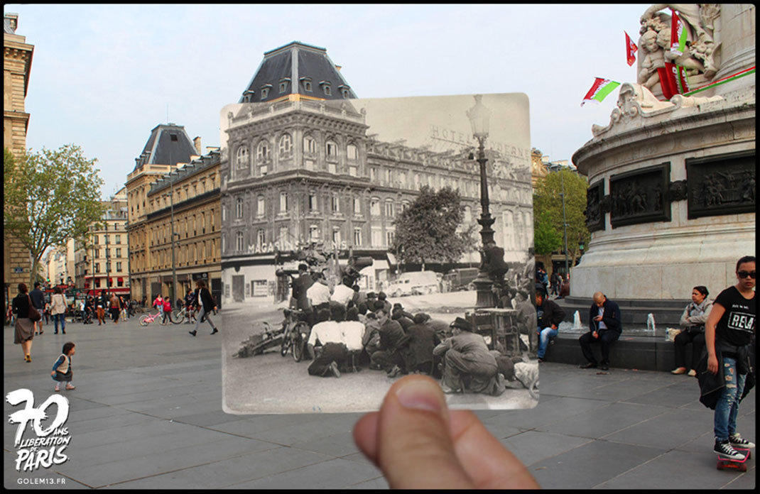 Place de la République. Des Parisiens se protégeant des tirs de collaborateurs ou d’allemands isolés. Photo : Roger-Viollet.