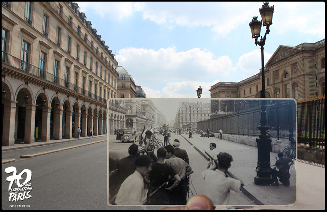 25 août 1944. Près du Louvre. On tire des toits, sur la foule, et sur les américains près de la statue de Jeanne d’Arc !