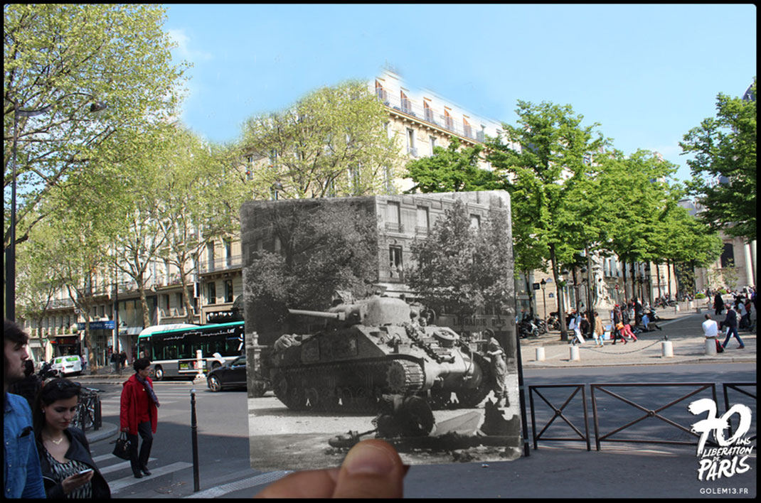 25 août 1944. LA 2e division blindée du général Leclerc roule sur le boulevard St Michel (ici devant la Sorbonne)