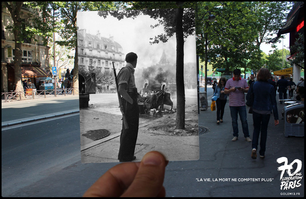 23 août 1944. La bataille fait rage dans les rues du quartier Latin, un véhicule brûle à côté de la fontaine Saint-Michel devant l’objectif de Robert Doisneau