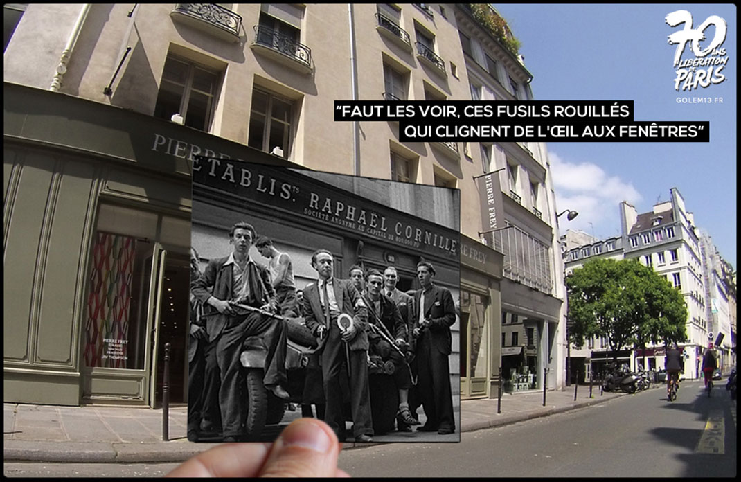 Rue du Mail. Au coeur du IIème, des FFI posent devant un véhicule pris aux allemands au 29 rue du Mail. Photo Jean Roubier.